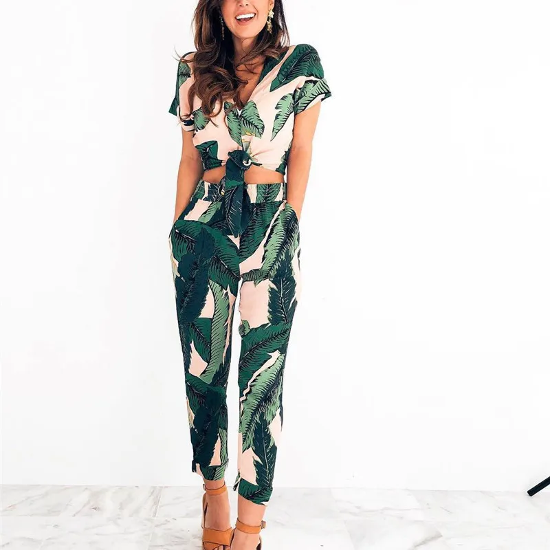 

Two Pieces Sets Women Leaf Printed Sexy V Neck Bohemian Crop Tops Casual Calf-Length Pants Summer Chiffon Beach 2 Piece Outfits