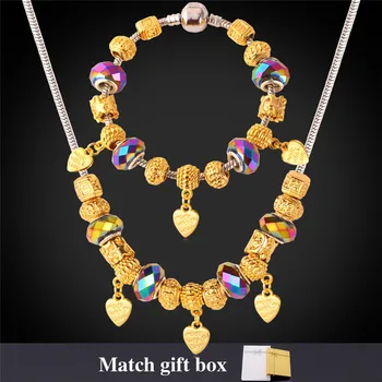 

Charms Necklace And Bracelet Sets Yellow Gold Color Crystal Glass Purple Beads Snake Chain DIY Jewelry Sets For Women NH855