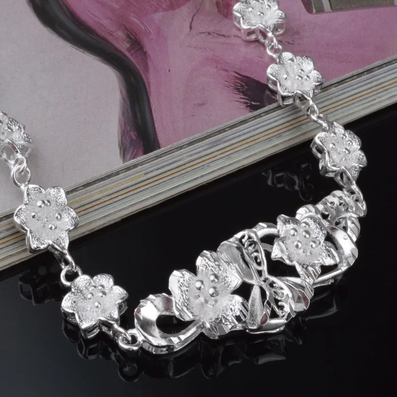 OMHXZJ Личность моды женщина девушке подарок серебряный цветок цепи 925 пробы Серебряный браслет+ Цепочки и ожерелья комплект ювелирных изделий SE32