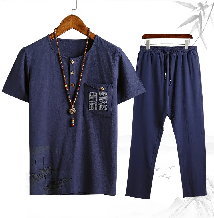 navy blue Rlyaeiz летние спортивные костюмы мужская спортивная одежда Повседневный Спортивный костюм наборы Комфортный хлопковый льняной футболки+ штаны спортивный костюм - Цвет: navy blue