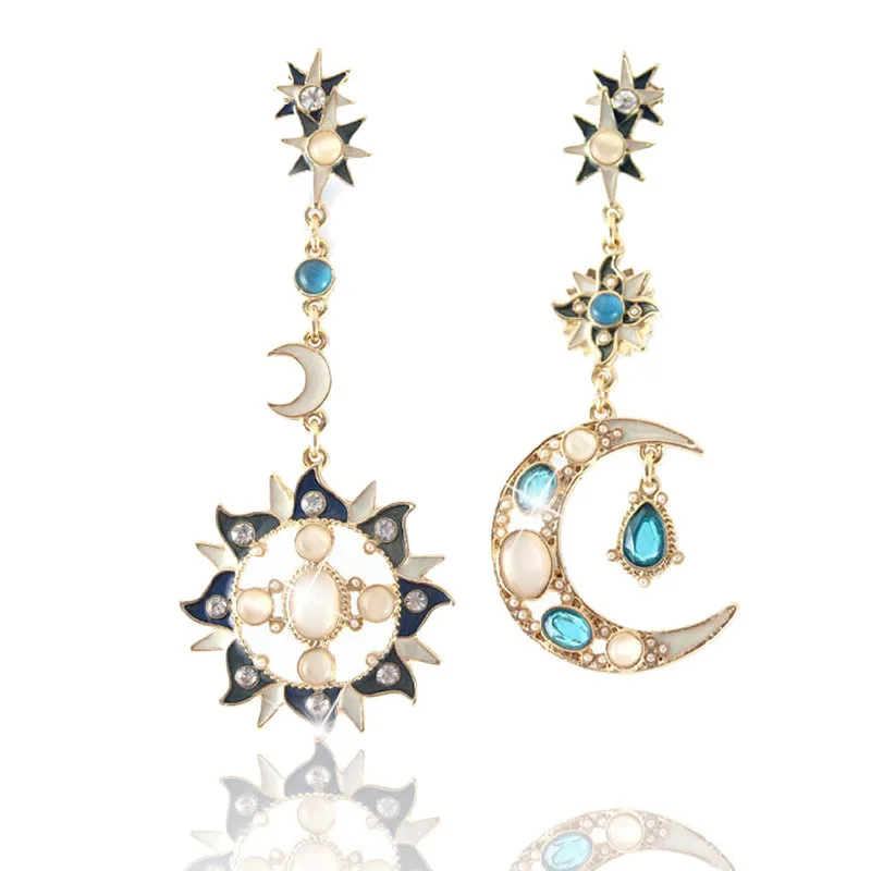 

Fashion Asymmetry Drop Earrings Boho Stone Flower Big gem Punk Vintage Crystal Long tassels Moon crystal Earrings Women Jewelry