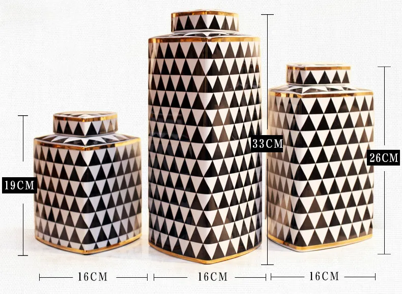 3 шт./компл. китайский Стиль Винтаж домашний декор Черный и белый цвета, геометрические фигуры, Керамика вазы декоративные фарфоровые баночки