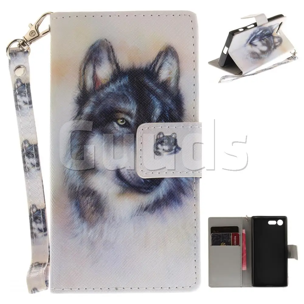 Snow Wolf Hand Strap Leather Wallet Case for Sony Xperia X Compact X Mini