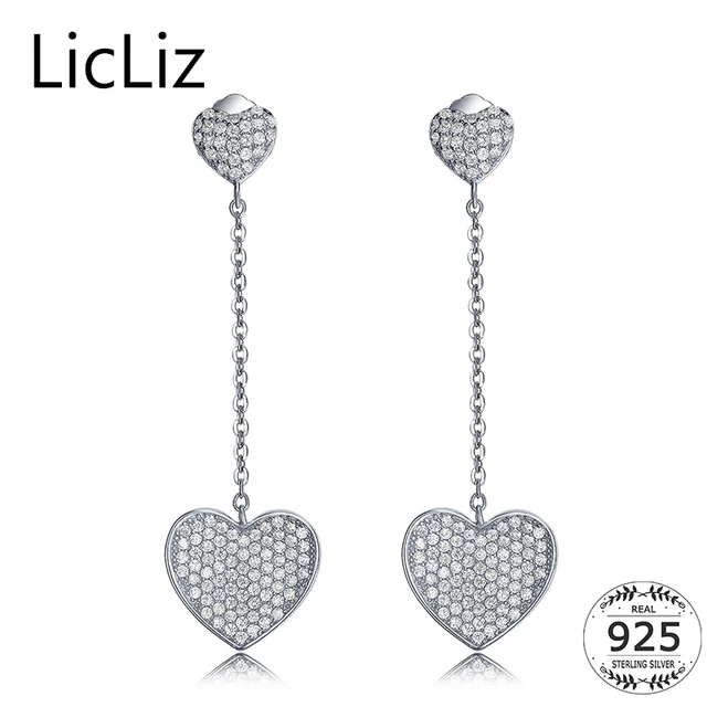 Licliz Heart Earrings Dangle Women Silver Long Chain Licliz Heart Earrings Dangle Women Silver Long Chain Wedding Pave Cz Zircon Hanging 925