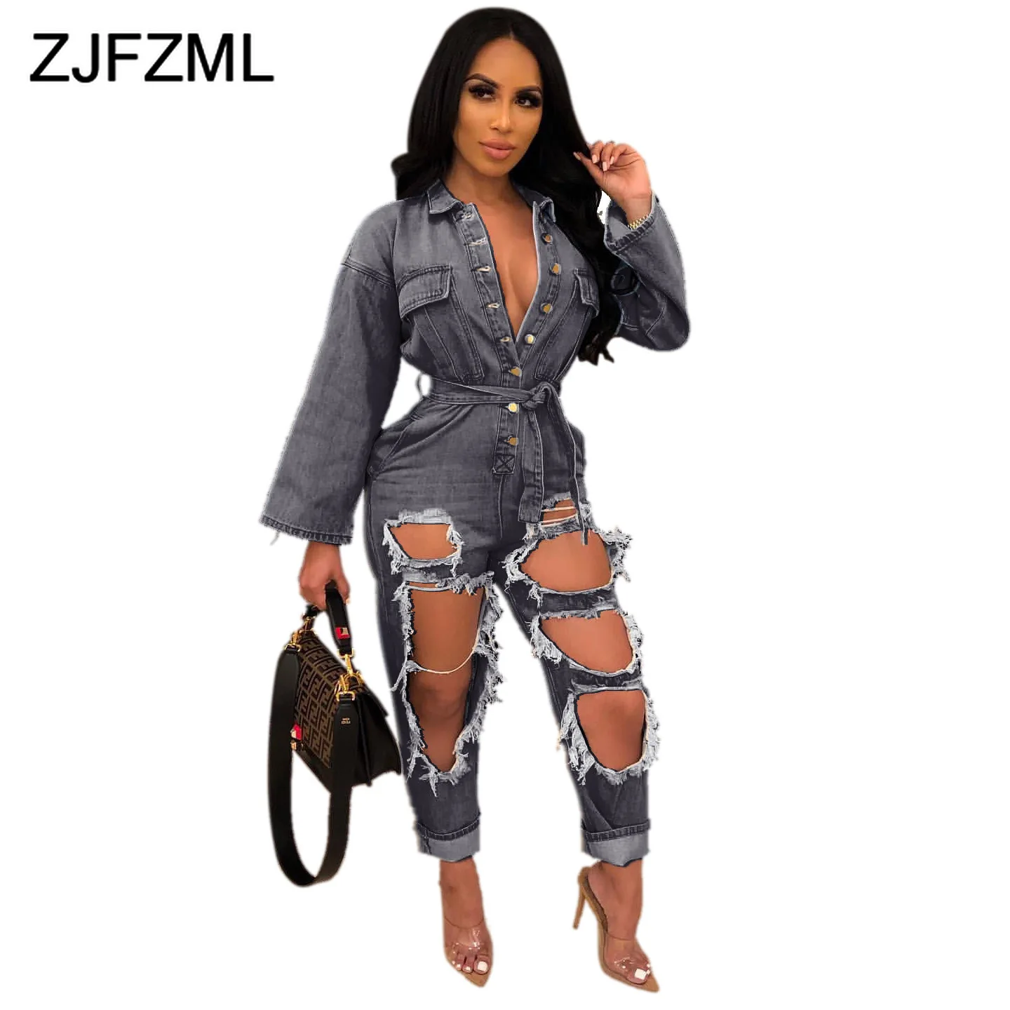 

Single-Breasted Casual Denim Overall Women Turn Down Collar Hollow Out Washes Jumpsuit Streetwear Full Sleeve Full Length Romper