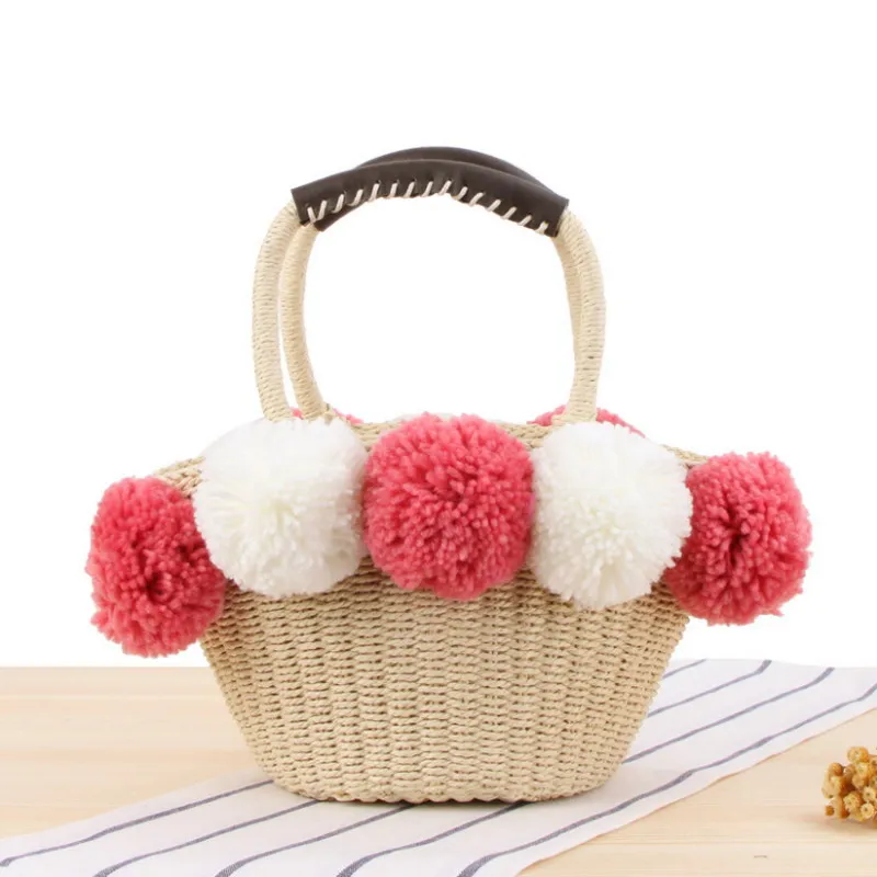 

Pink Hairball Summer Beach Bag Tote Straw Bags Flower Women Straw Bags Top-Handle Handbags Ladies Casual Shoulder Bags Bolsas