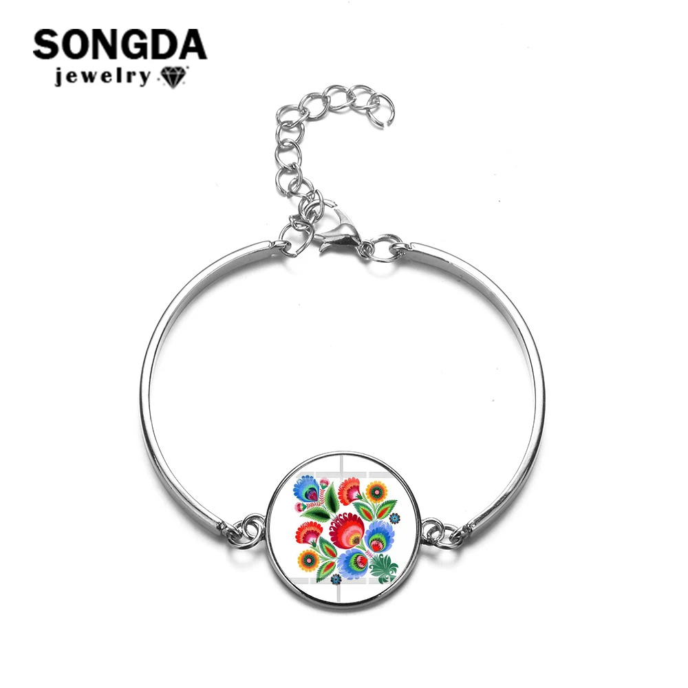 

SONGDA Hot Sale Bohemian Polish Folk Art Pattern Bracelet Delicate Silver Color Chain Glass Dome Charm Bracelets for Women Girls