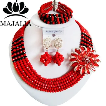 

Majalia Fashion Nigeria Wedding African Beads Jewelry Set Opaque red and Black Crystal Necklace Bridal Jewelry Sets 5VU007