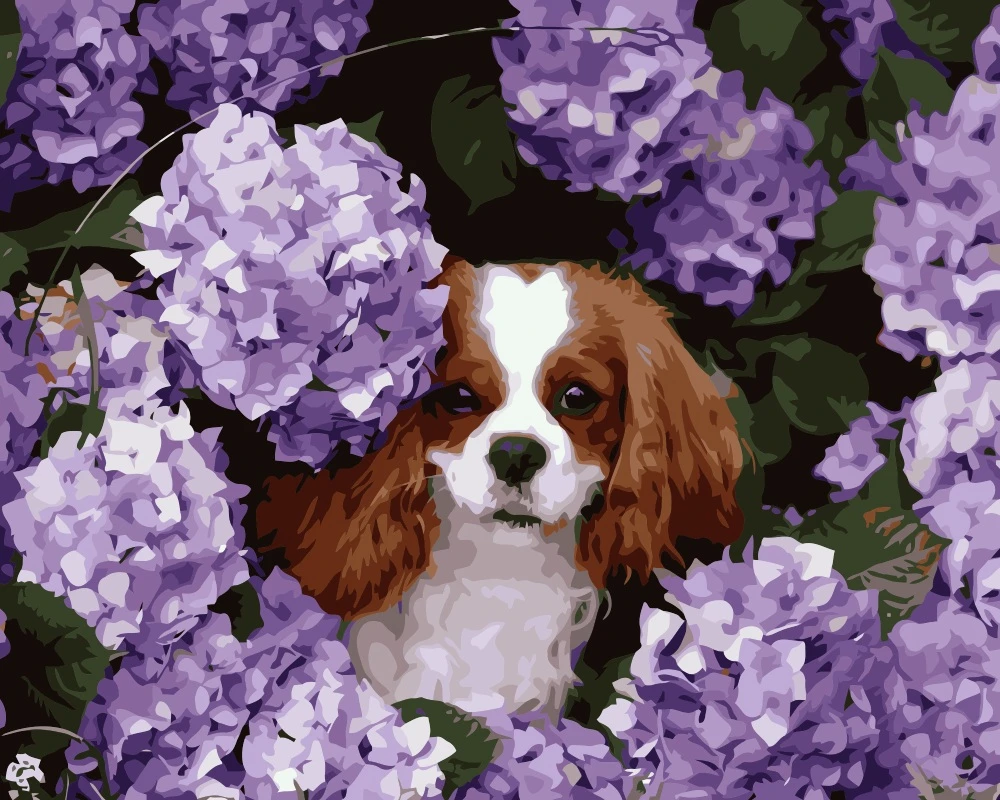 Pintura por números DIY de perro en las flores lilas, lienzo pintado a mano  de animales, pinturas al óleo para sala de estar, MaHuaf i648|oil  painting|canvas oil paintingoil canvas painting - AliExpress