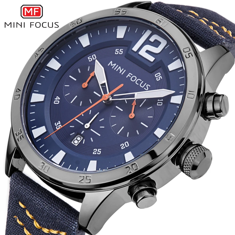 

MINIFOCUS Fashion Casual Quartz Watch Men Leather Strap Blue Dial Chrono 3 Sub-dial 6 Hands Mens Watches Top Brand Luxury Clock