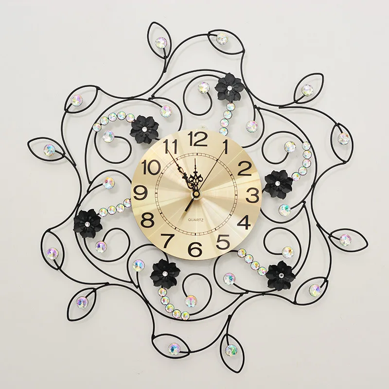 

European Metal Wall Clock Modern Design Living Room Decoration Luxury Crystal Clocks Wall Watch Iron Art Home Decor 22 inch
