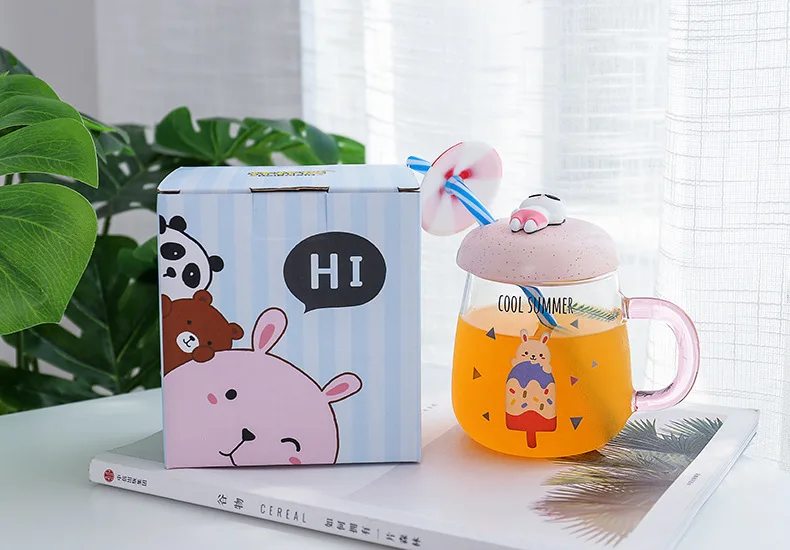 Creative 3D Cartoon Deisgn Beach Cover Glass with Straw and Cover for Children's Gift Have Fun Juice Glass Milk Cups