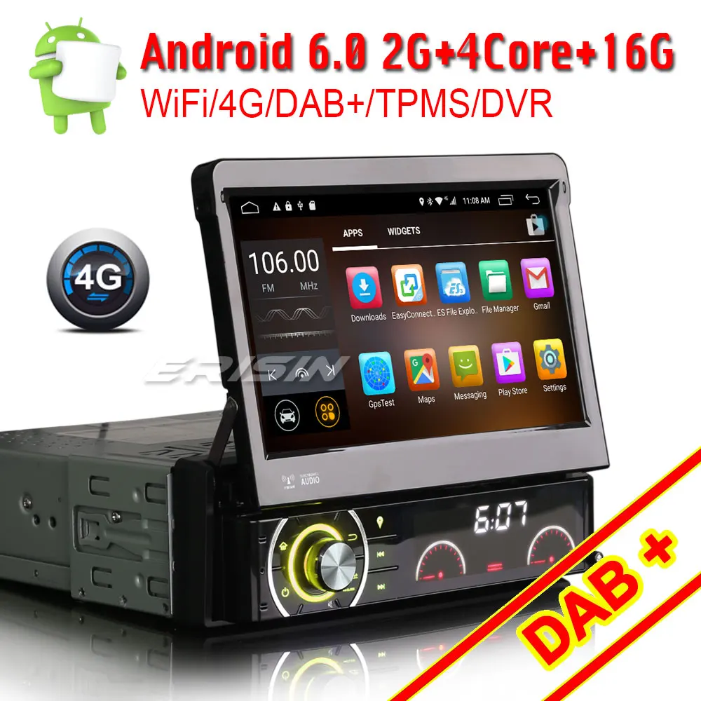 Erisin ES5790U " HD 1 Din Android 6,0 DAB+ автомобильный Радио DVD gps навигация OBD DTV-IN WiFi 4G интернет