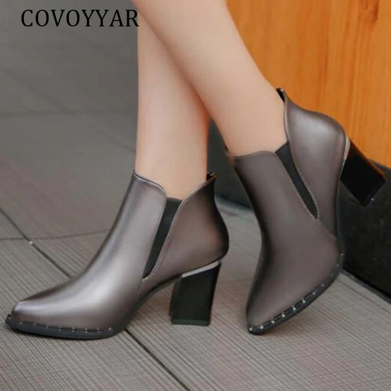 

COVOYYAR 2019 Thick High Heel Shoes Woman Rivet Bppts Women Pumps Autumn Winter Pointed Toe Ladies Ankle Boots Black WBS1086