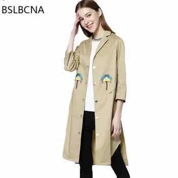 

2019 Autumn European Style Overcoat Thin Windbreaker Women Medium Length Single Breasted Coat Embroidery Casual Clothes A121