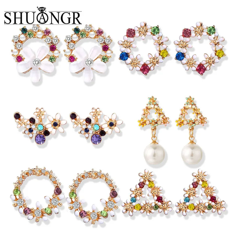

SHUANGR Fashion Korean Design Colorful Rhinestone Wreath Stud Earrings For Women Sweet Flower Shell Small Circle Brincos Jewelry