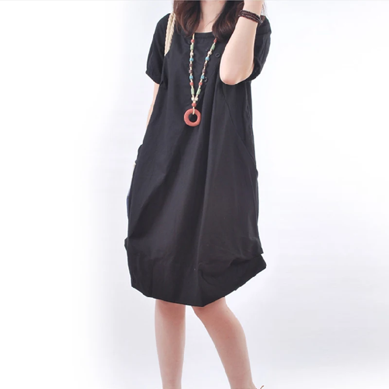 ZANZEA женское хлопковое льняное платье летнее платье с коротким рукавом и карманами повседневное свободное до середины икры платье для женщин размера плюс S-5XL - Цвет: Черный