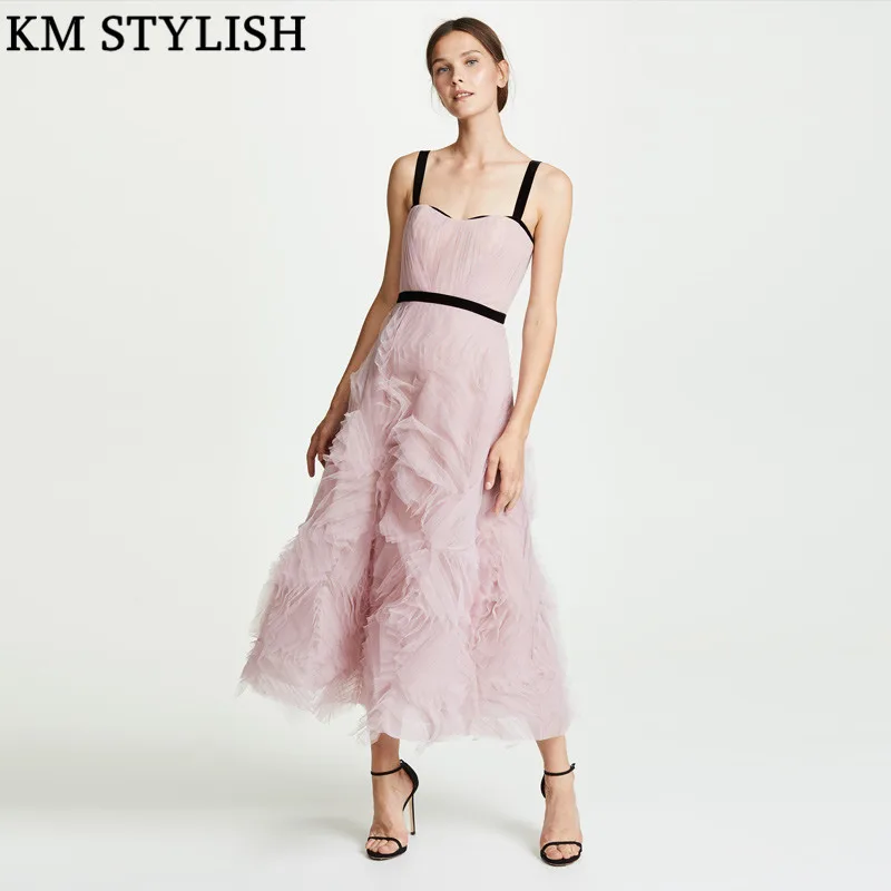 

2019 MarchesaNo*te Same Style Women New Pink Sleeveless Textured Tulle Midi Dress Three-dimensional Shape Mesh A-line Long Dress