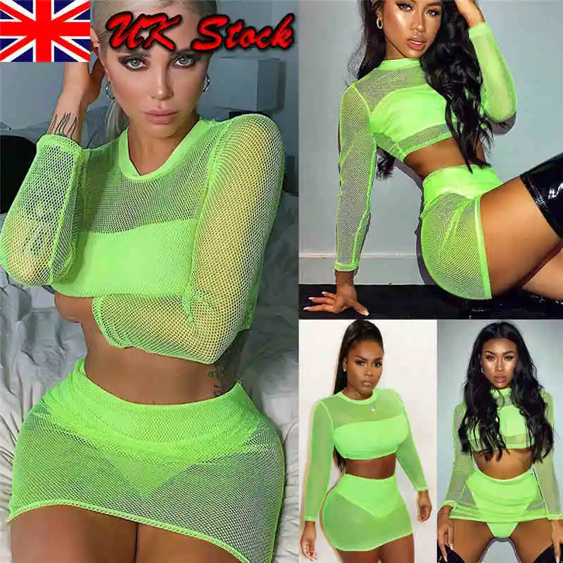 

Nightclub Girl Women Fishnet Mesh Perspective Green and Yellow Long Sleeve Crop Tops Tee & Mini Skirt