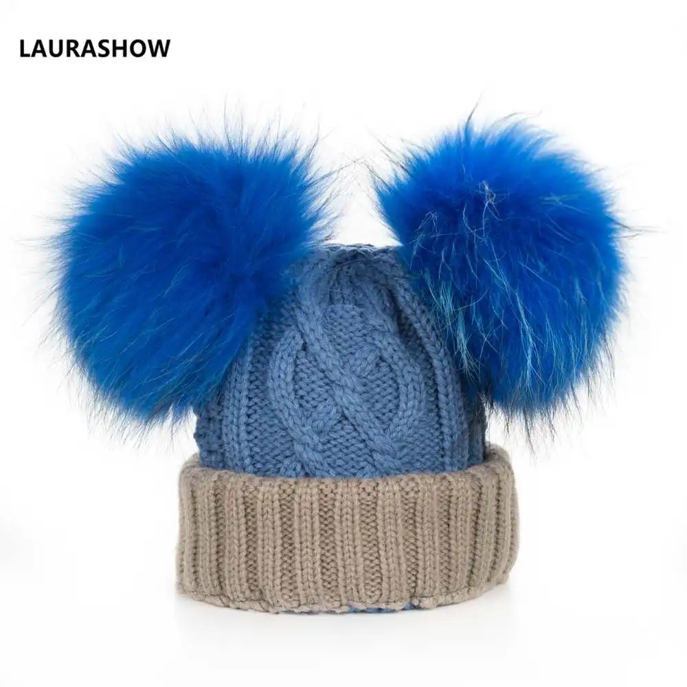 Детская Зимняя Шапка-бини с натуральным норковым мехом 16 см, вязаная шапка, детская теплая шапка с разноцветными помпонами из енота, вязаные шапочки шерстяные шапки - Цвет: 16cm blue ball