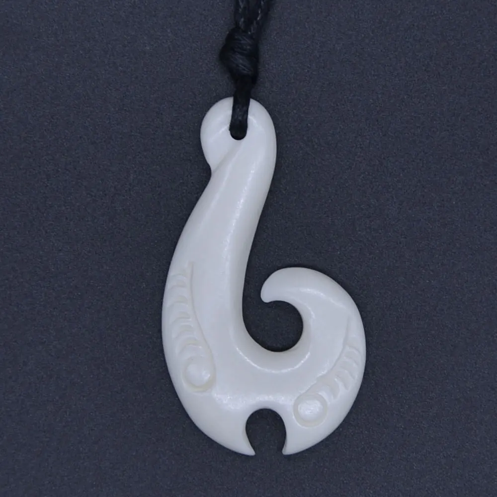 New Zealand Maori Handmade Carved Ox Bone FISH HOOK Pendant Necklace