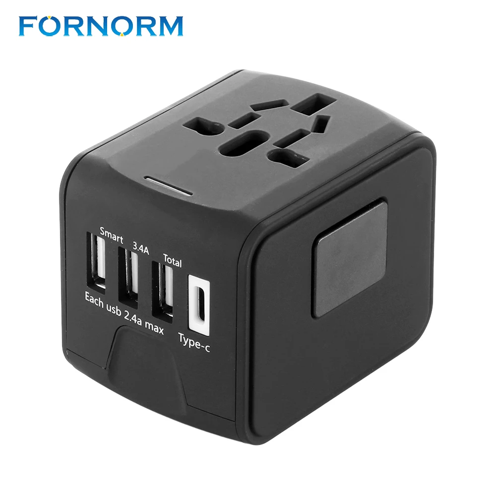 

FORNORM 3 USB Port with one type C Travel Adapter International Power Adapter All-in-one 2.4A Wall Charger for US/EU/AUS/UK