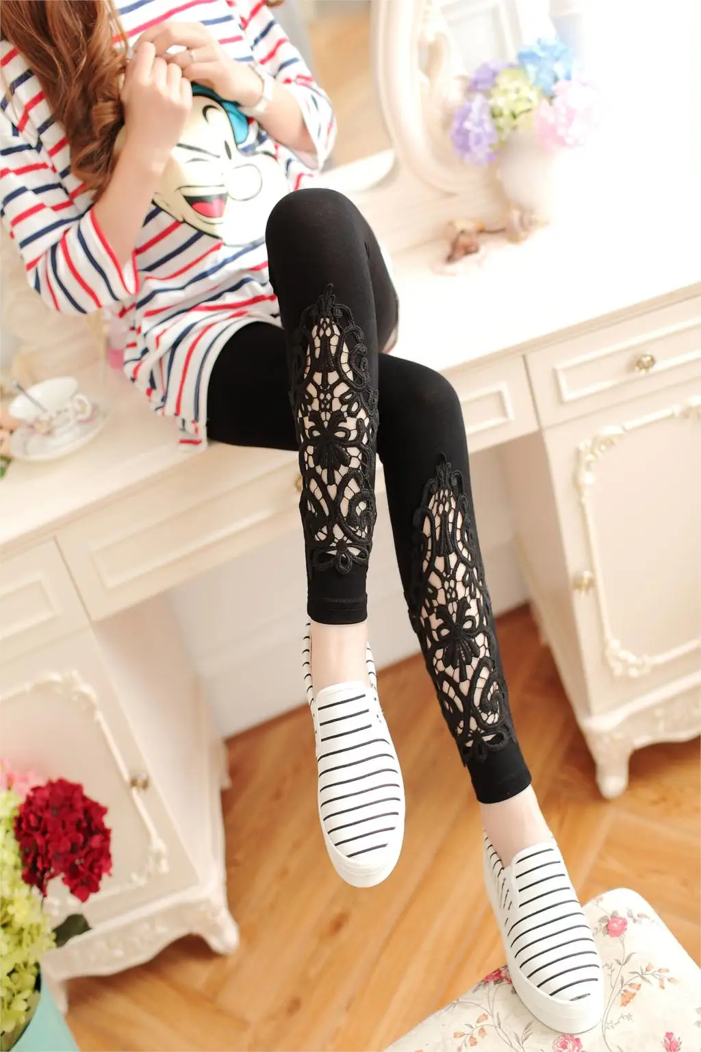 YSDNCHI Summer Casual Leggings Women Knitted Legging Hollow Out Lace Diamond Fitness Leggings Black Pants tights for women