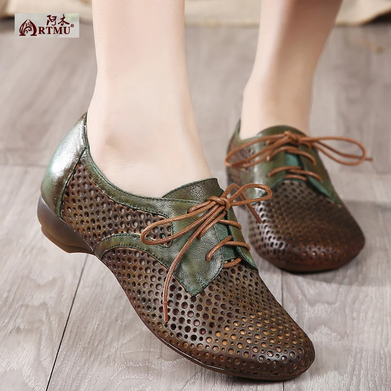 

2017 New Summer Retro Women Shoes Genuine Leather Lace-Up Low Hees Hollow-Out Soft Shoes 022-58