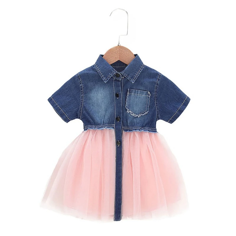 

Kids Dresses Summer Kids Girls Casual Short Sleeve Patchwork Design Denim Dress Baby Children Mesh Princess Sundress