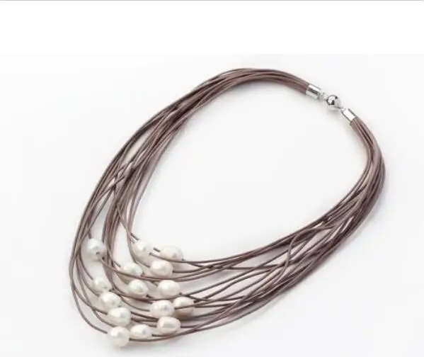 

Hot sale new Style >>>>>Multi-Strand 11-12mm White Freshwater Pearl on Leather Women Necklace 17