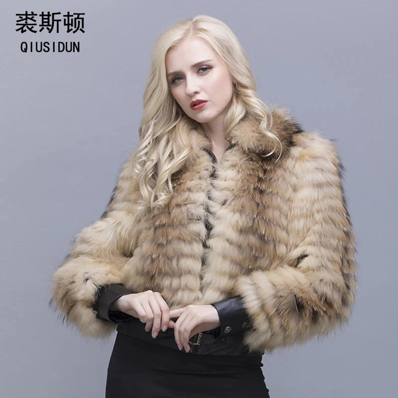 QIUSIDUN The Real Pure Natural Raccoon Fur Coat Leather Cuffs With Zips Short Jacket For A Woman Who Keeps Warm In Winter QIUSIDUN The Real Pure Natural Raccoon Fur Coat Leather Cuffs With Zips Short Jacket For A Woman Who Keeps Warm In Winter