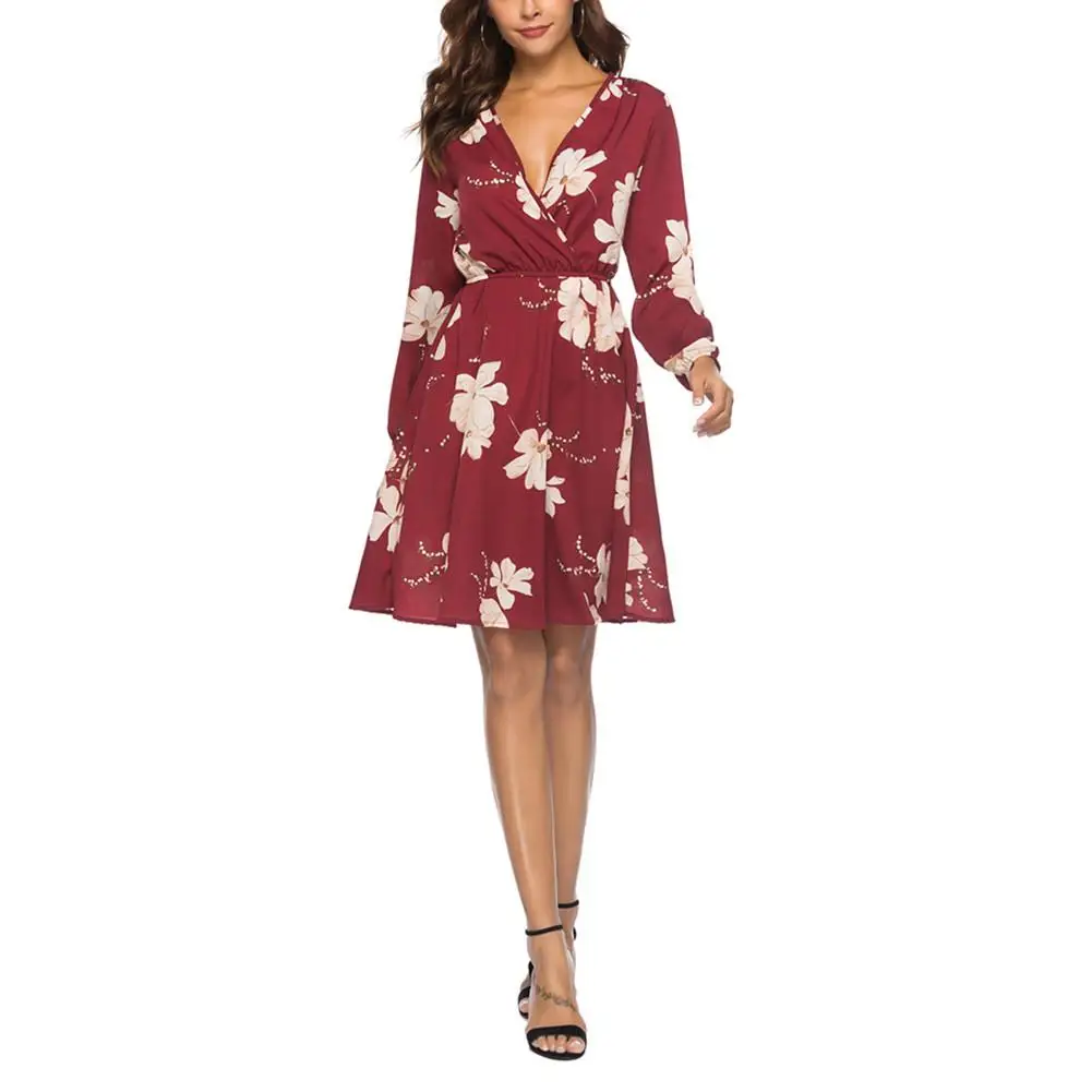 

New Autumn&Winter Women's Sexy Deep V-Neck Long Sleeve Slim Waist A-Line Dress Fashion Hot Sale Slimming Fit Casual Party Dress