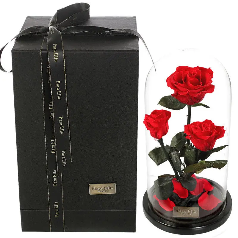 

H&D New Enchanted 3 Rose Preserved Fresh Flower with Fallen Petals in a Glass Special Gifts for Valentines' Day Wedding Decor
