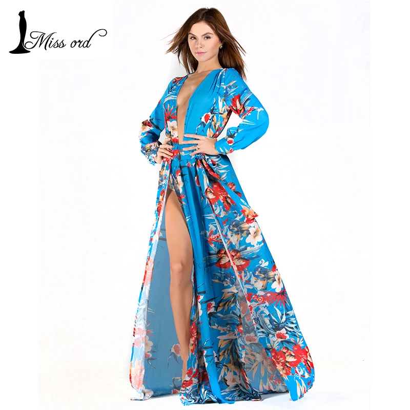  Free shipping  Missord  2016  Sexy V-neck Long Sleeve split printing dress beach dress   FT2294 