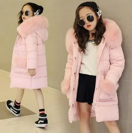 

Girls Winter Jackets 2017 Children Winter Clothes Girl Coats Warm Fur Collar Hooded long down Coats For Kids Outerwear