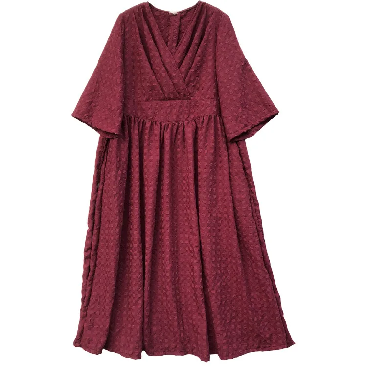 Винтажное длинное платье с v-образным вырезом и высокой талией, с поясом, с рюшами, винно-Красный жаккардовый хлопковый льняной наряд, расклешенное платье с коротким рукавом размера плюс, платье с большим подолом