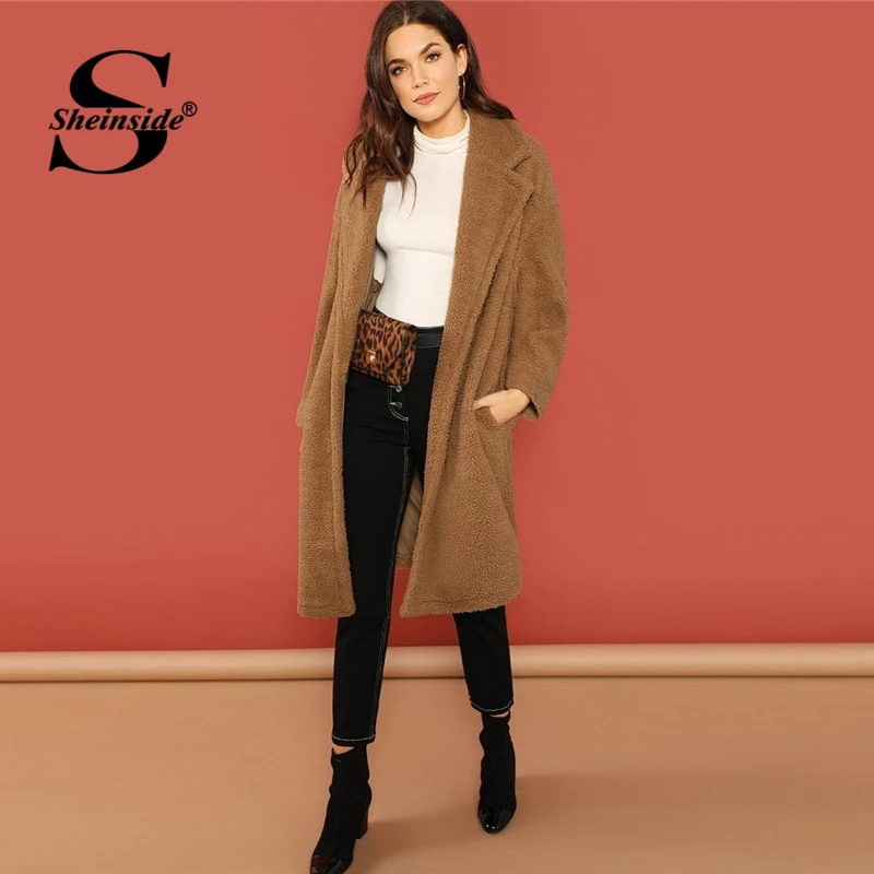 Sheinside Brown Winter Jacket Women Notch Collar Single Button Teddy