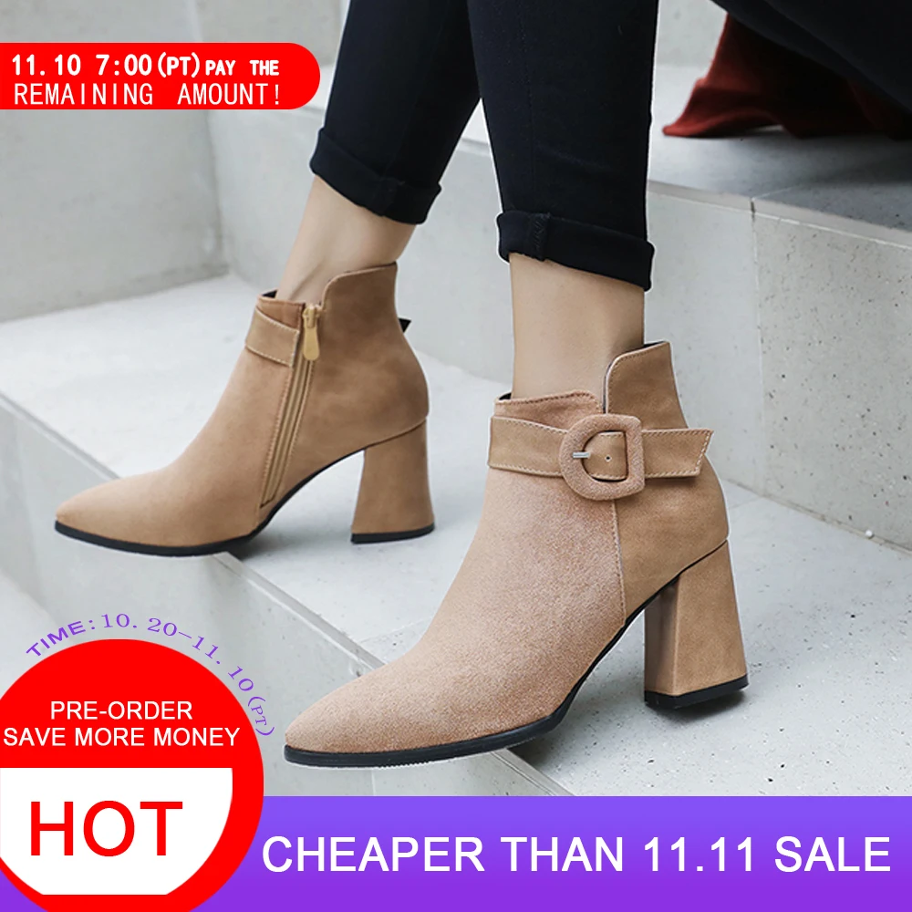 

2019 New Arrivals Fashion Women Buckle Ankle Boots Casual Faux Suede Pointed Toe Thick High Heels Party Shoes Woman n057