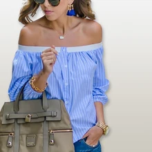 Moda Mujeres Blusa Rayada Sin Tirantes de Manga Larga de Cuello Slash Hombro Femenino Blusas Ladies Tops LJ4955M