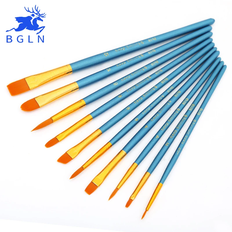 BGLN 10Pcs/Set Nylon Hair Watercolor Gouache Paint Brushes Different Shape Round Pointed Tip