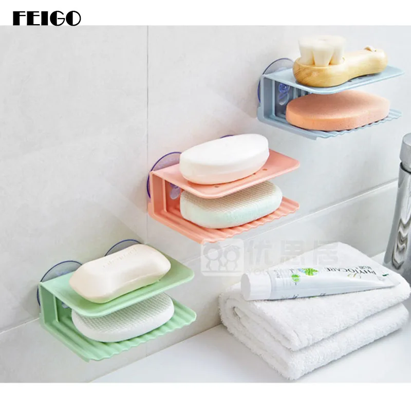 FEIGO 1 قطعة اثنين طبقة شفط حامل الصابون ملحقات الحمام صحن الصابون سلة التخزين المياه تتسرب الصابون مربع حامل حامل F38