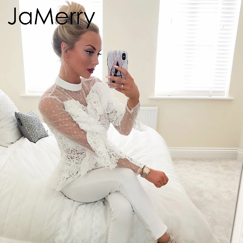 JaMerry Vintage ruffled white lace mesh embroidery blouse shirt Elegant hollow out long sleeve female tops Sexy party tops