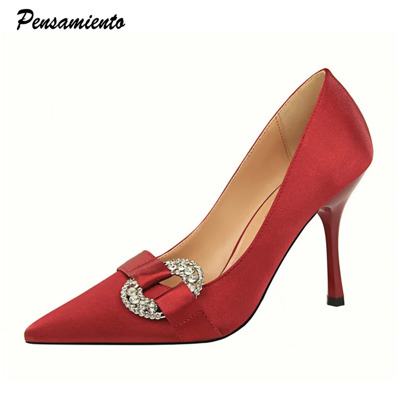 

High quality women pumps Concise Satin Crystal comfortable 7cm High heels Party shoes Elegant shallow Wedding Bride shoes woman