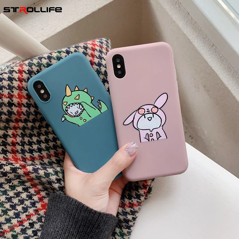 

STROLLIFE Cute Cartoon Dinosaur Phone Case for iPhone X XS Max XR Funny Couples Cover for IPhone8 6s 7Plus TPU Shell Candy Color