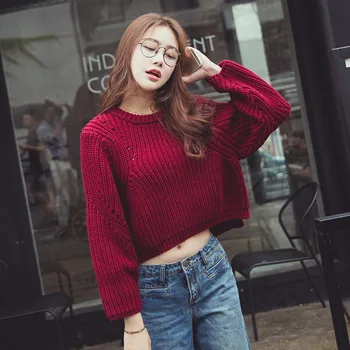 

2020 New Korean Fashion Short Sweater Female Cropped Pullovers Hollow Out Sweet Vintage Batwing Sleeve Loose Knitting Jumper