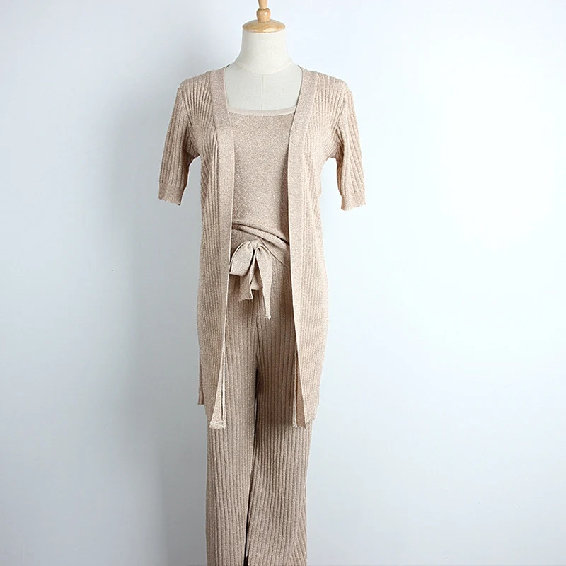 3 Piece Set Women Knitted Pants Suits 2017 Spring Autumn Ladies Fashion Elegant Casual Long