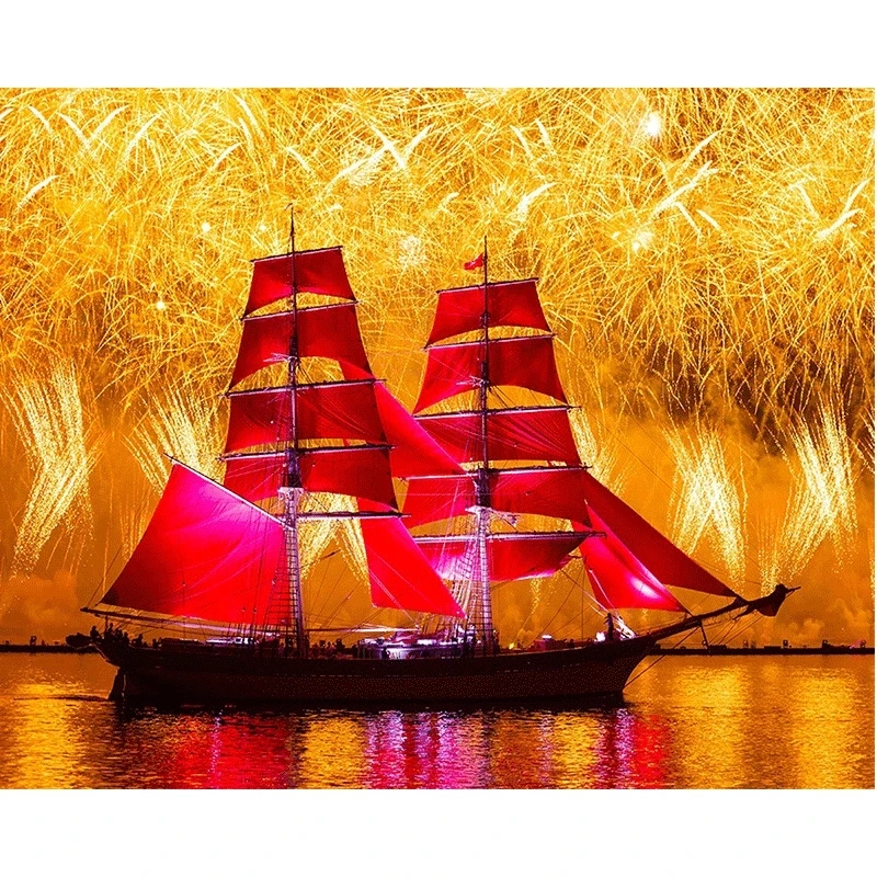 

Diamond Painting Full drill Fireworks and red sails Mosaic DIY Diamond Painting Cross Stitch Embroidery Home Decorative Craft