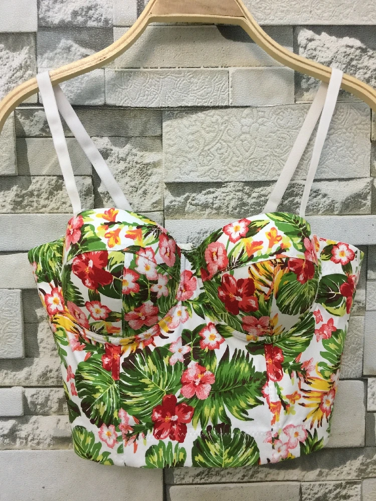 P16 New Fashion Summer Women Floral Lily Print Zipper Bralet Ladies Camis Tank Cotton Bra Top Corset Cropped Tube Tops
