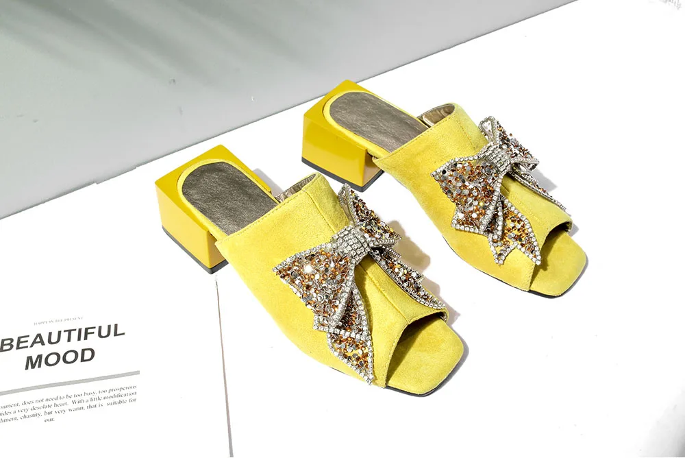Женские сланцы Летняя обувь женские сандалии ручной работы женские желтые уличные тапочки на каблуке с бантом Fenty Beauty