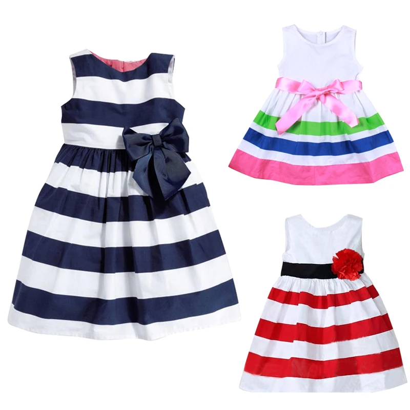 

2017 Summer Girls Dresses Cotton Casual Children Clothing Sleeveless Striped Baby Clothes For Girls Bow O-Neck Children Clothing
